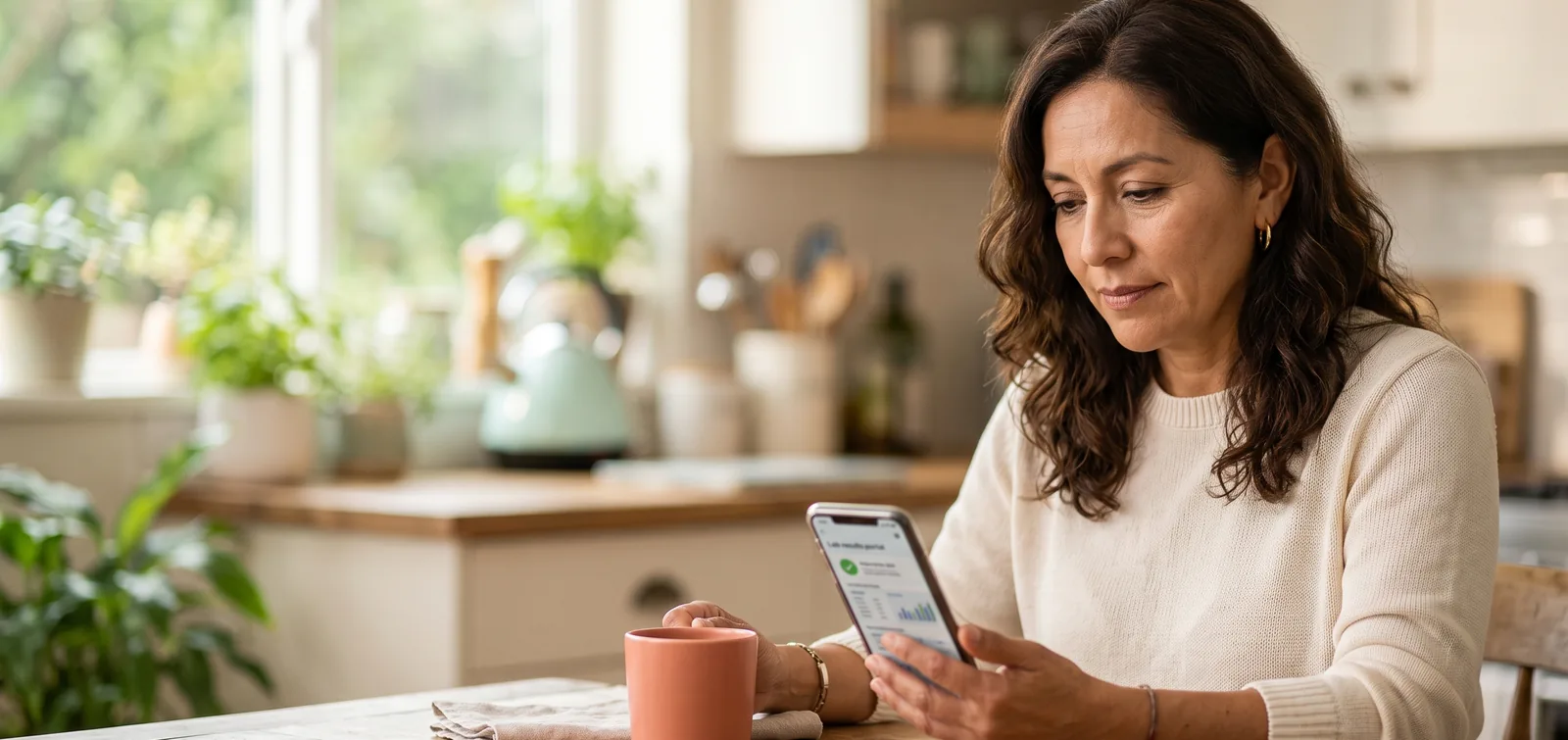UTI symptoms but negative test: woman checking a lab result on her phone at the kitchen table