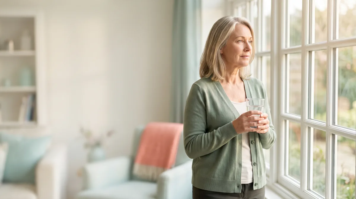 Woman standing by a window holding a glass of water, thinking through her symptoms