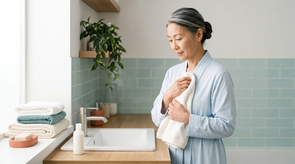 Woman in her fifties in a bright bathroom holding a soft towel