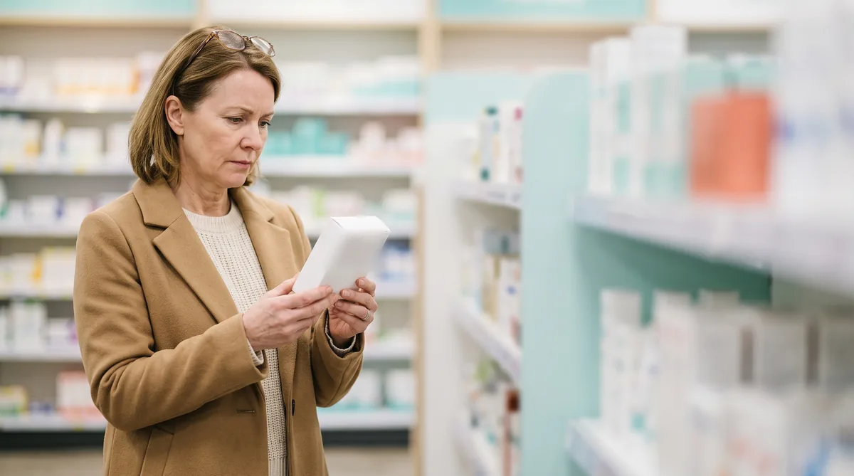 Woman in her fifties reading the label on a box in a pharmacy aisle