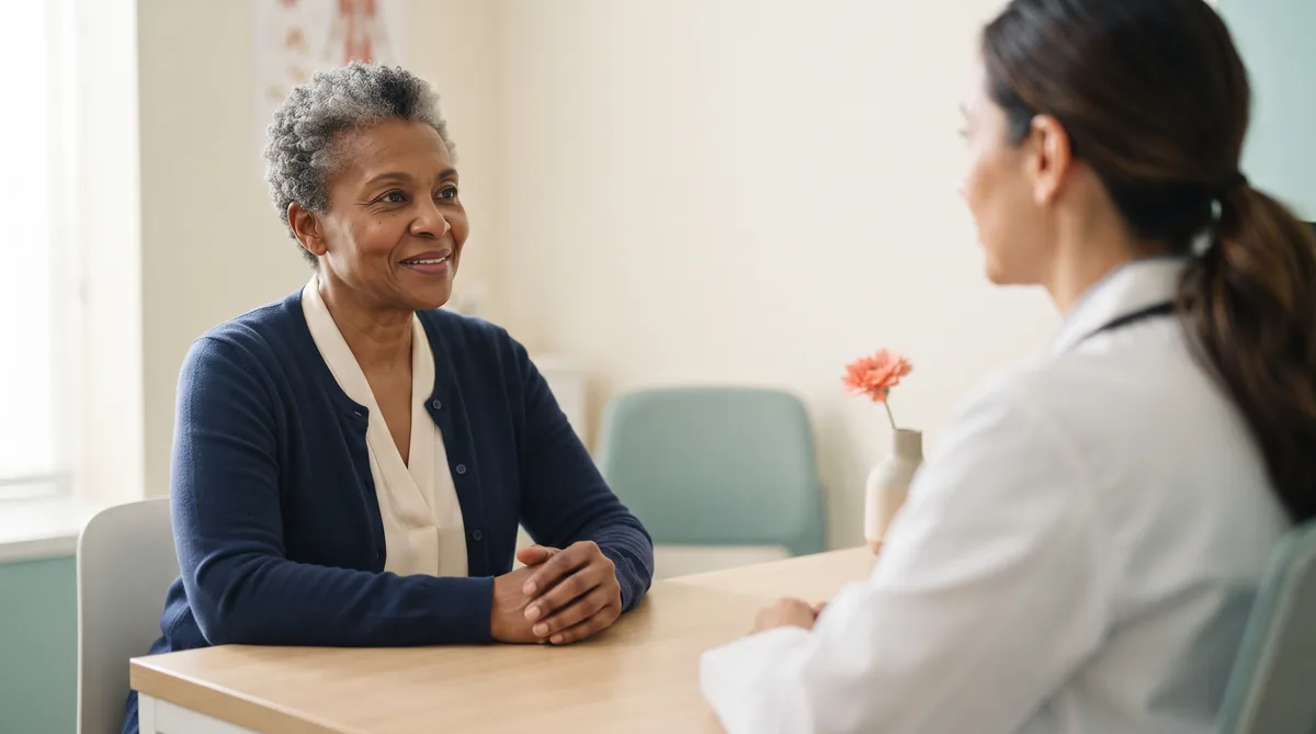 Woman in her sixties talking with her doctor about recurrent UTIs after menopause