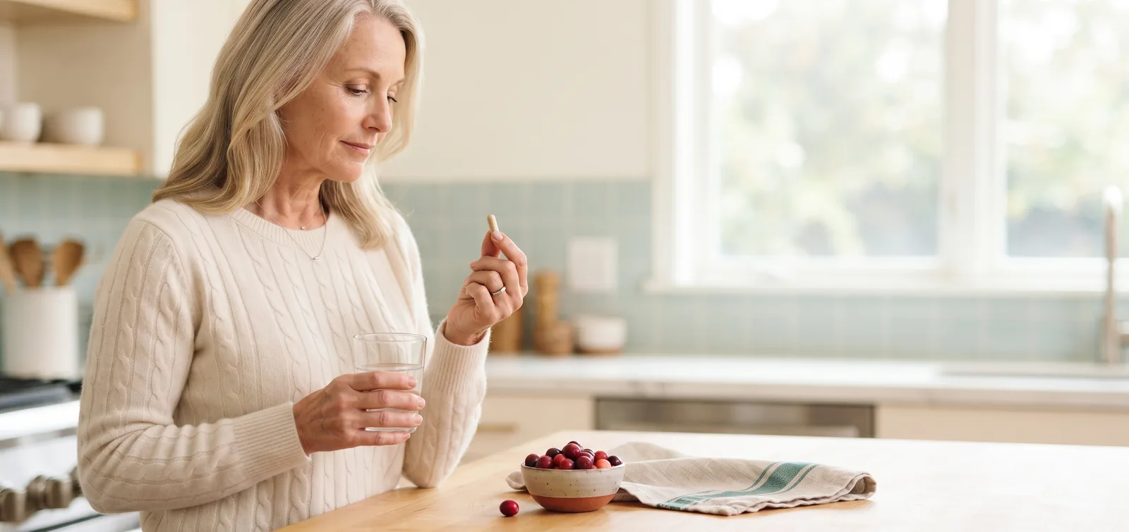 Best probiotic for UTI after menopause: woman in her fifties holding a capsule and a glass of water in a bright kitchen