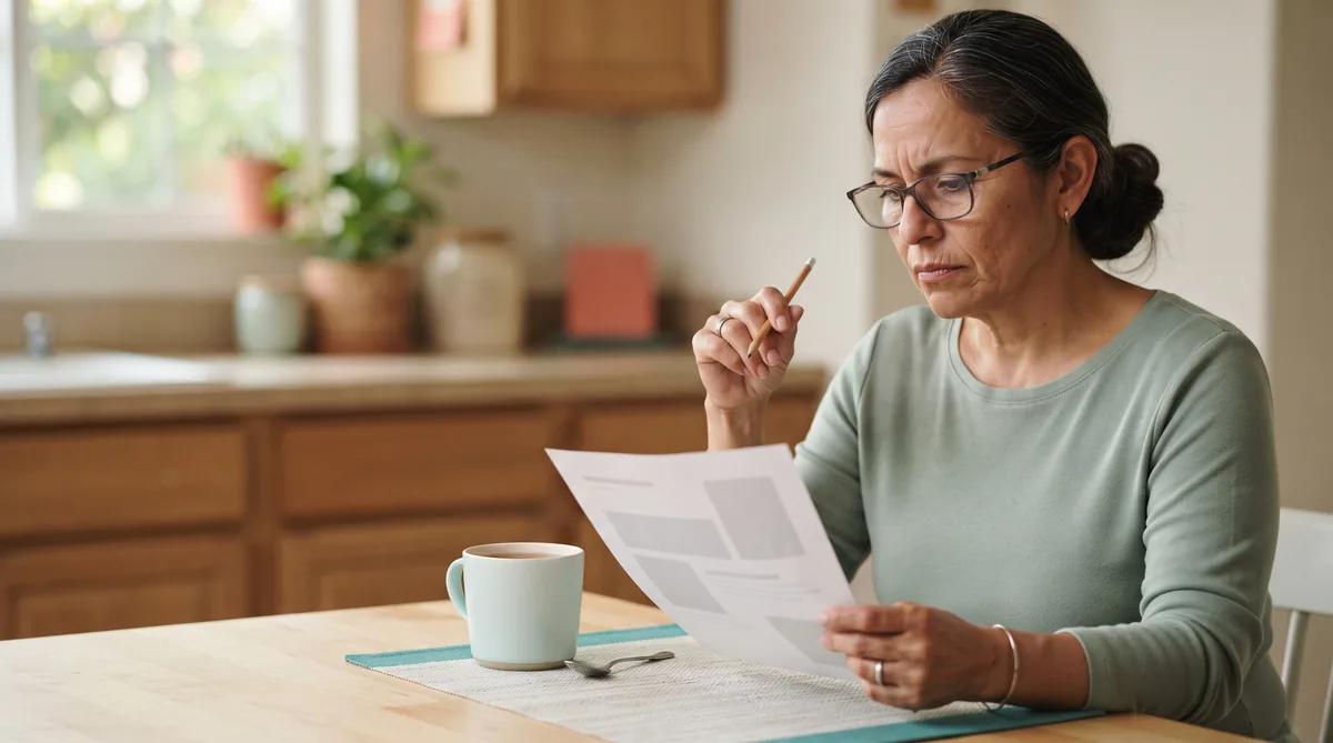 Best probiotic for UTI after menopause: woman in her fifties reading a supplement label at her kitchen table