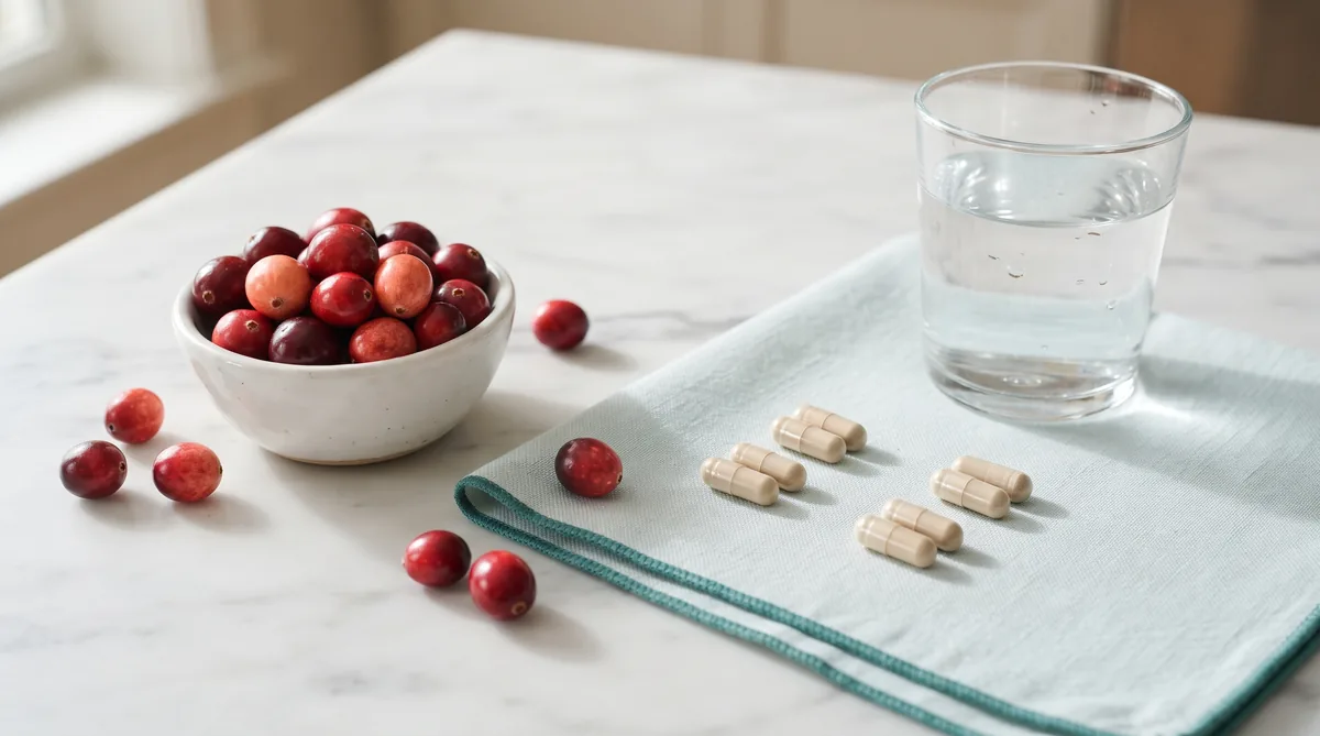 Ellura reviews: fresh cranberries and capsules on a light kitchen counter