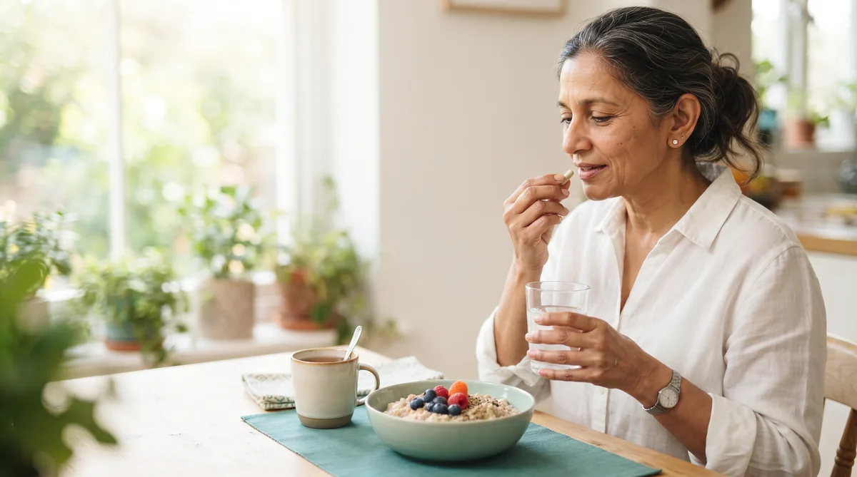 Woman in her fifties taking a daily capsule with water at a sunny kitchen table