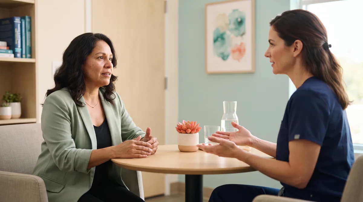 Emsella chair reviews: woman in her fifties talking with a clinician in a bright treatment room