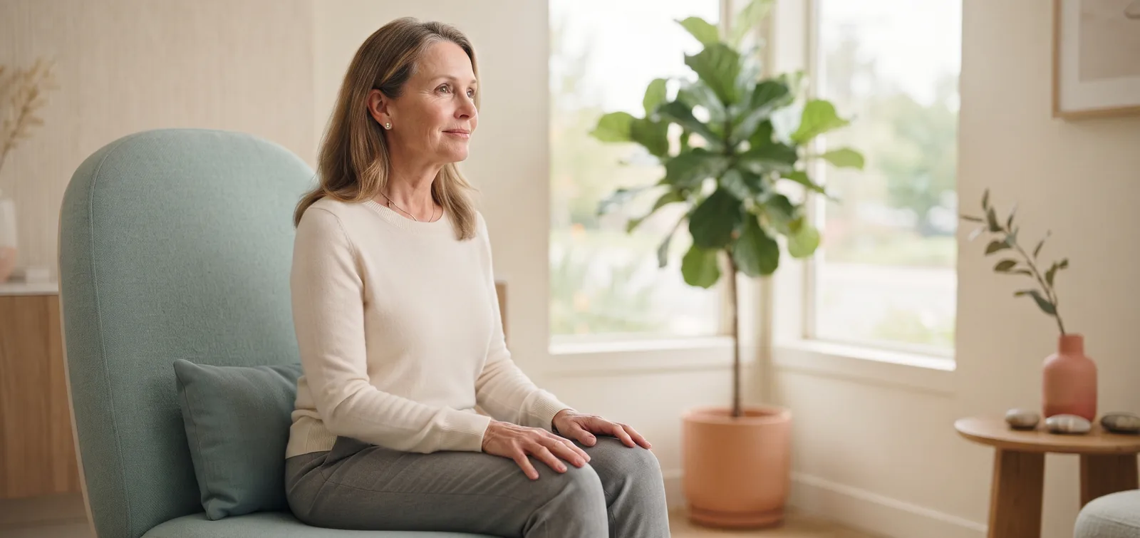 Emsella chair reviews: woman in her fifties seated fully clothed in a bright, modern clinic treatment room