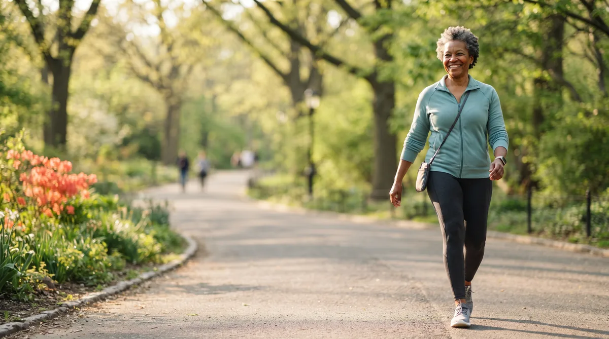 Woman in her fifties walking confidently outdoors after treatment for bladder leaks