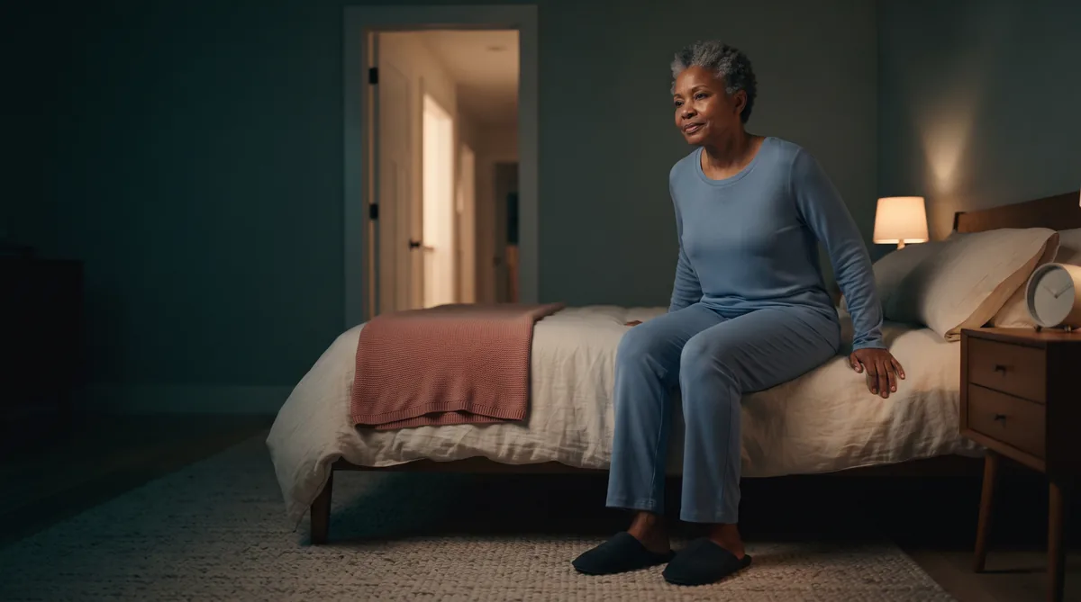 FemiCore vs AZO: woman in her fifties sitting on the edge of her bed at night, woken by the urge to urinate