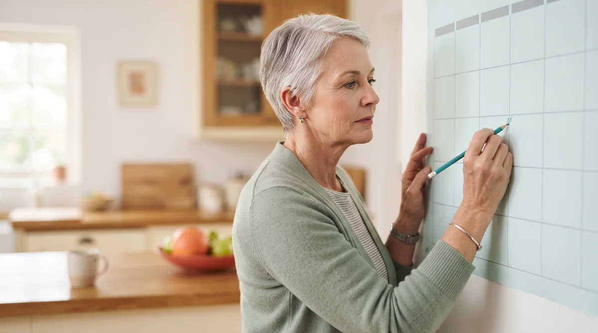 FemiCore vs Ellura: woman in her fifties marking a monthly calendar to track urinary infections