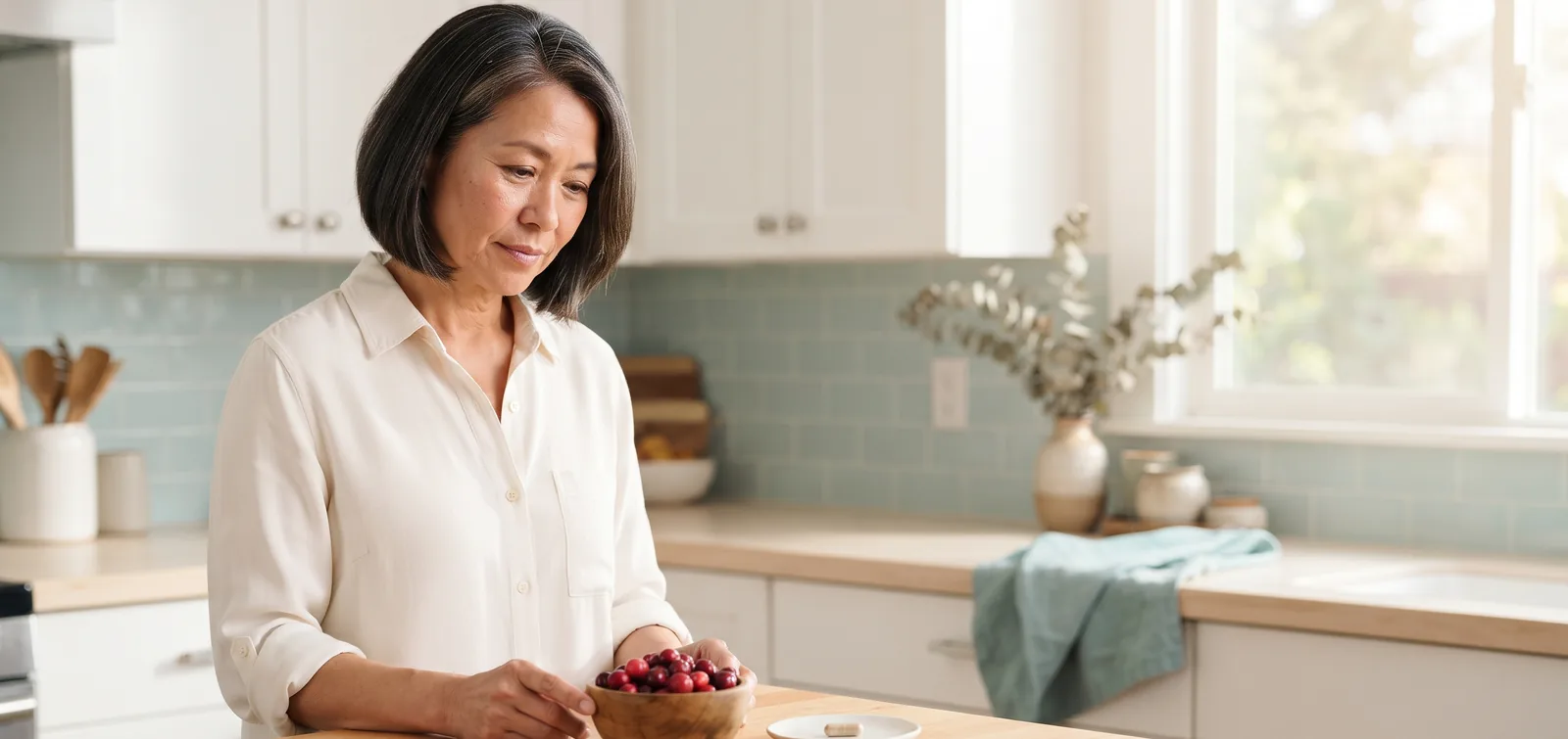 FemiCore vs Ellura: woman in her fifties comparing two supplement choices with a bowl of cranberries on the table