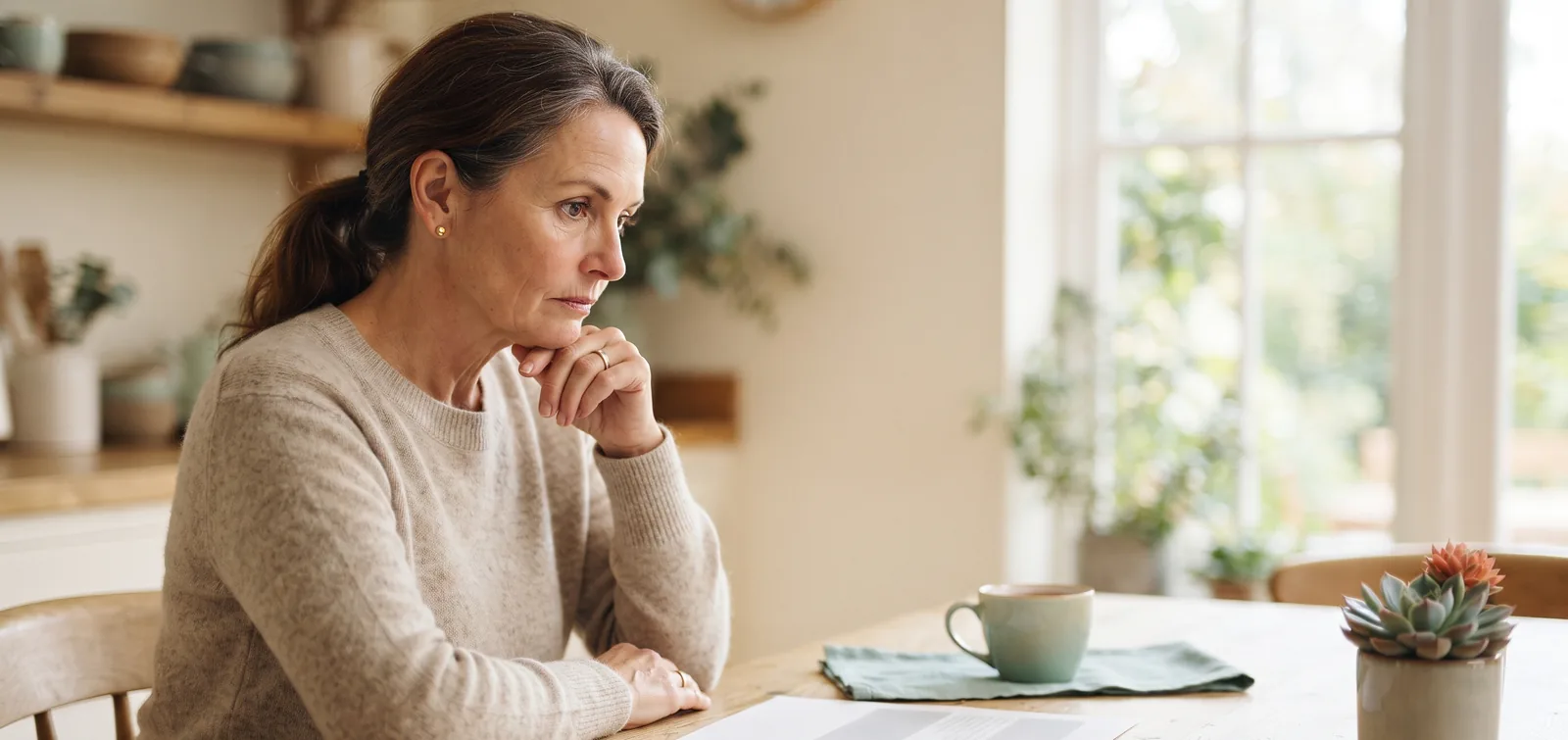 FemiCore vs NewEra Protect: woman in her fifties comparing two supplement options at a sunny kitchen table