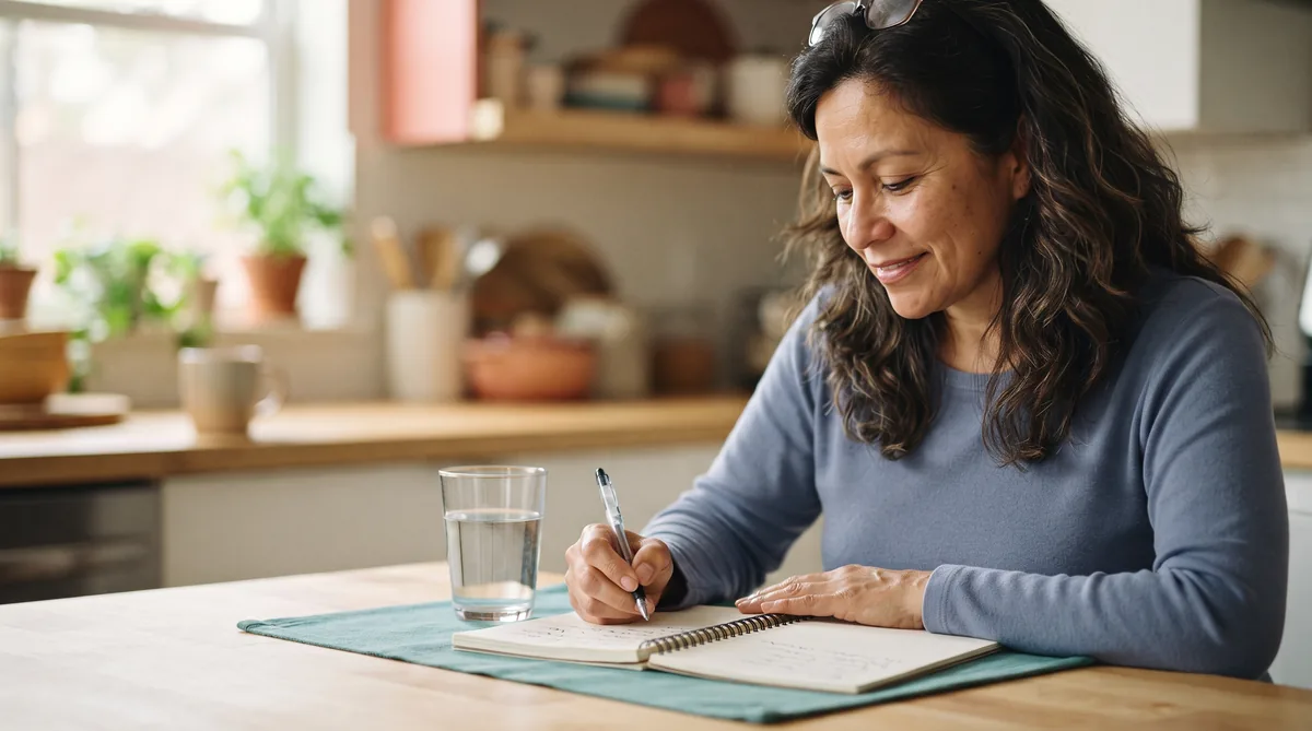 FemiCore vs NewEra Protect: woman in her fifties writing a symptom list in a notebook at her kitchen table
