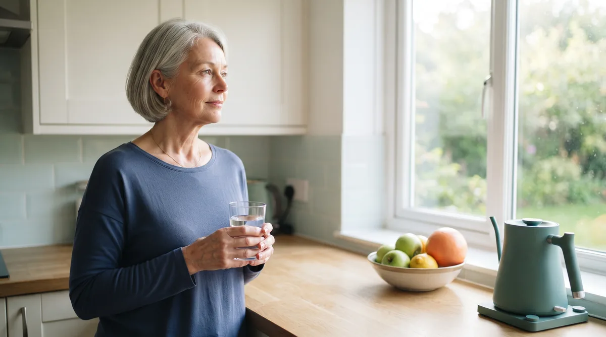 FemiCore vs Uqora: woman in her fifties holding a glass of water at her kitchen counter in the morning