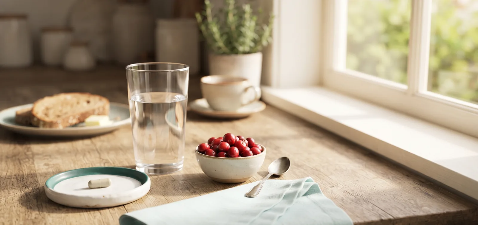 How to take FemiCore: a single capsule beside a glass of water on a sunny kitchen counter in the morning