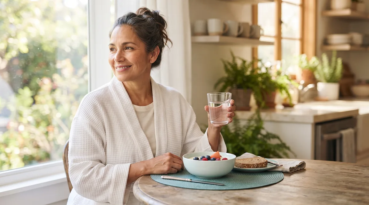 How to take FemiCore: woman in her fifties having breakfast with a glass of water in a bright kitchen