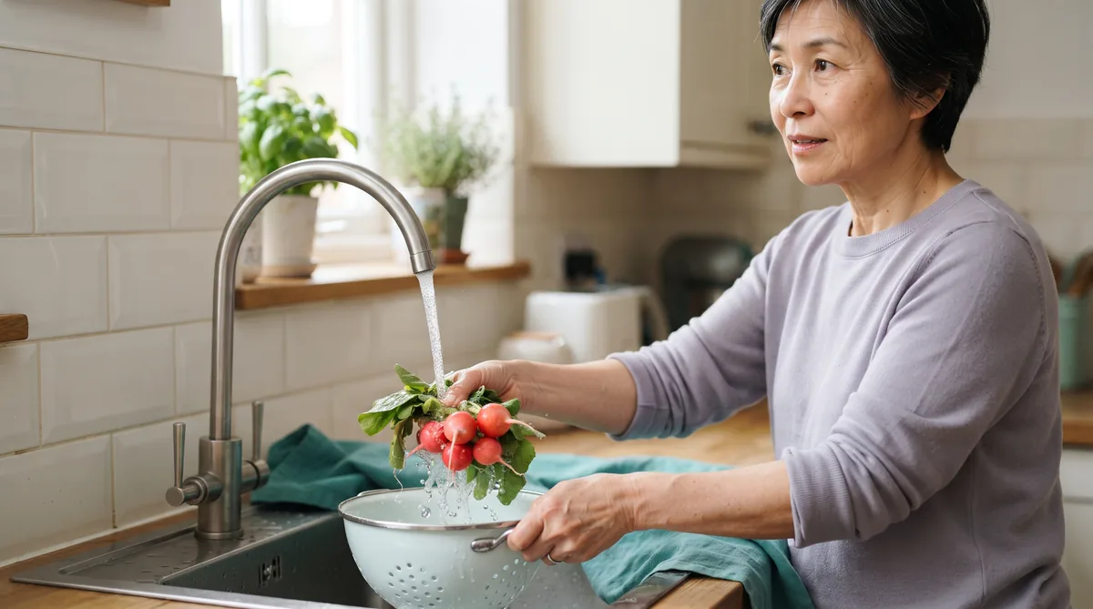 Key in the door urge to pee: woman in her fifties at a kitchen sink with running water, a common urgency trigger