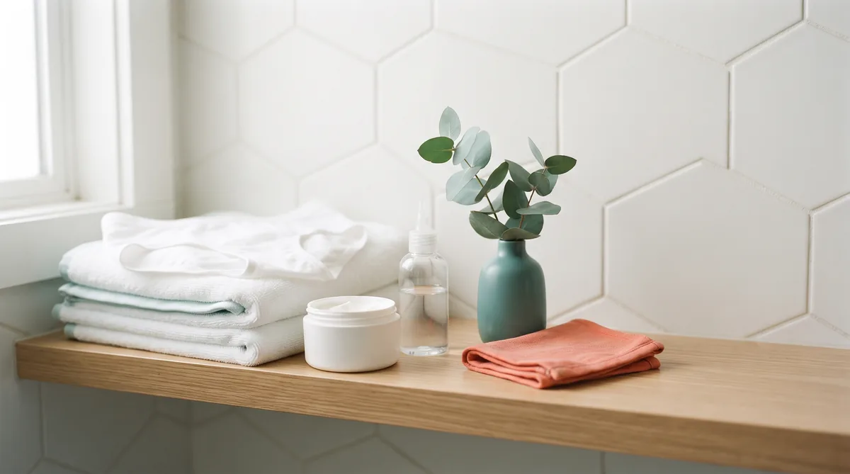 Lichen sclerosus and bladder leaks: soft cotton towel, fragrance-free emollient jar and folded cotton underwear on a bathroom shelf