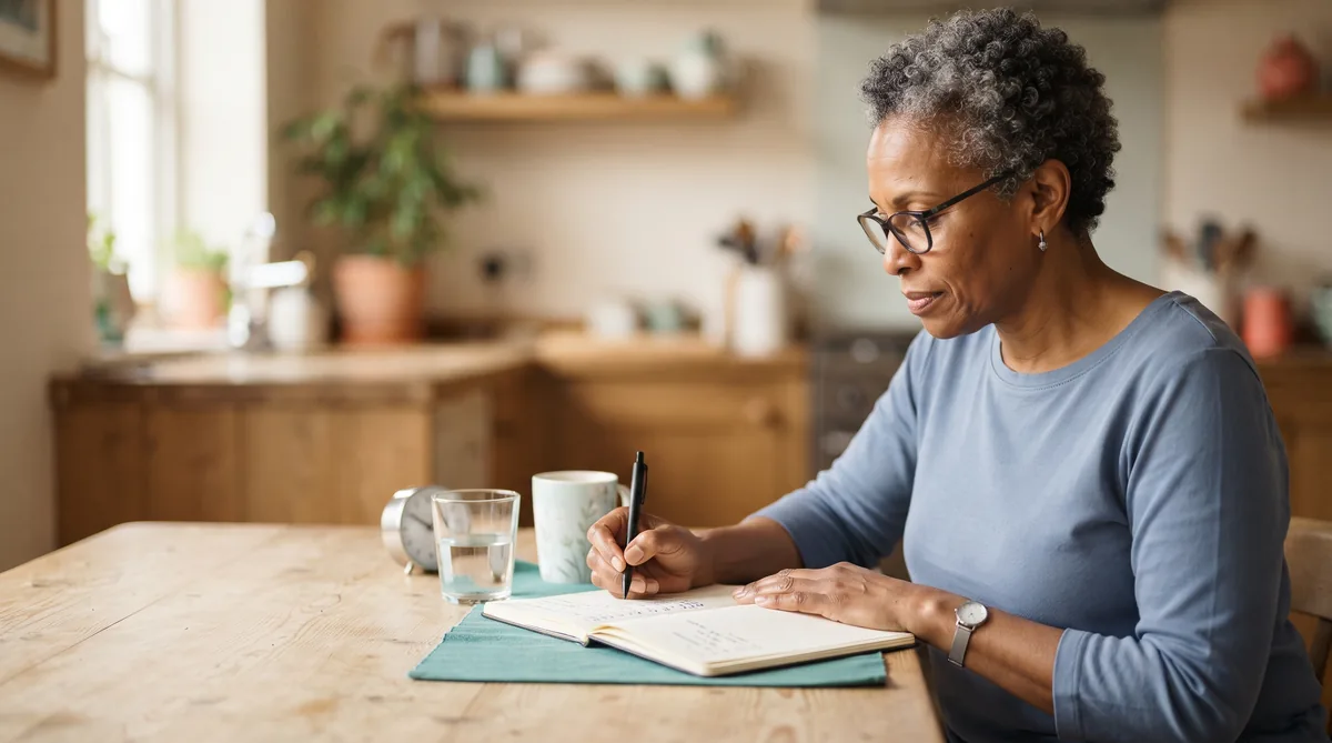 Long COVID bladder problems: woman in her fifties writing in a bladder diary at a kitchen table