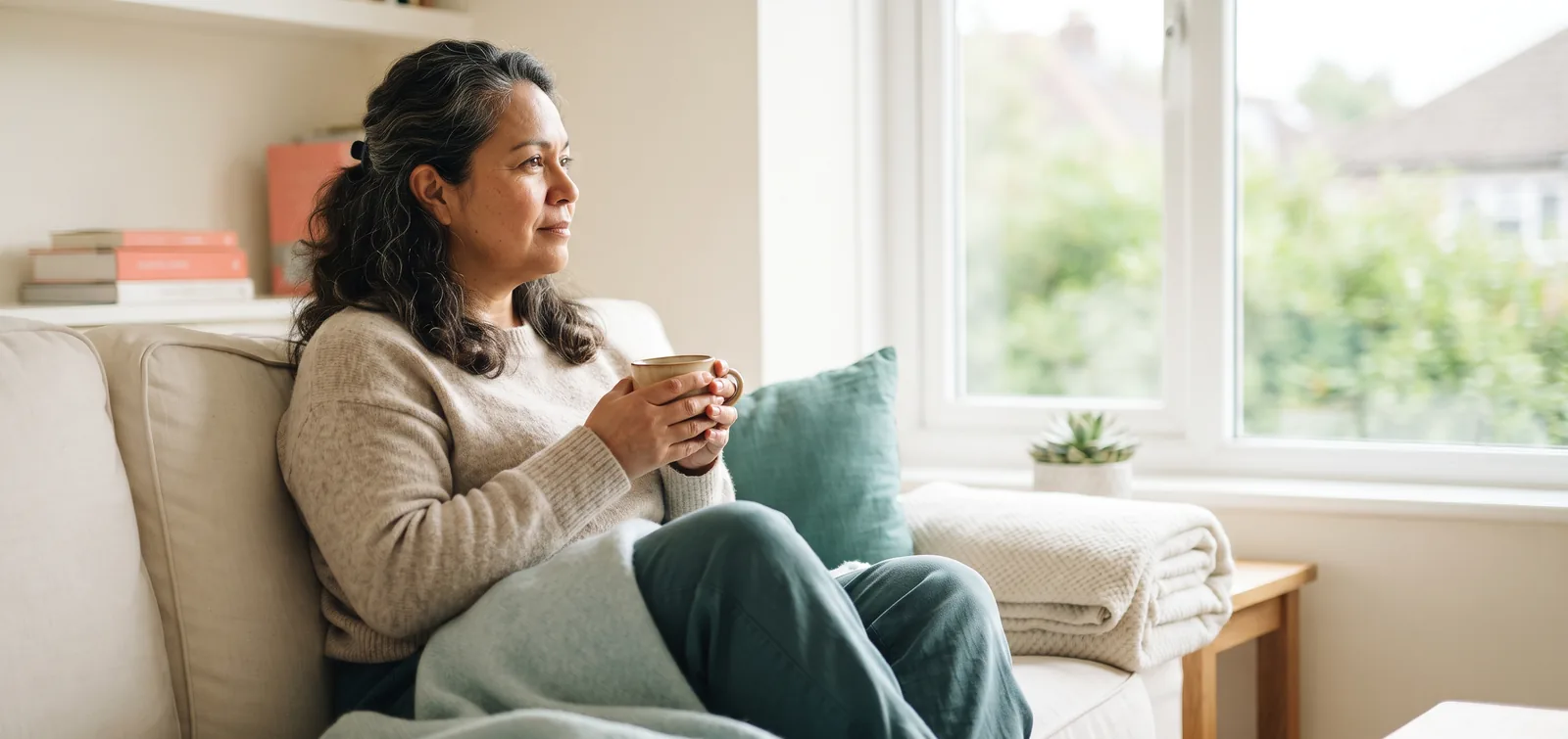 Long COVID bladder problems: woman in her fifties resting on a sofa with a cup of tea and a blanket