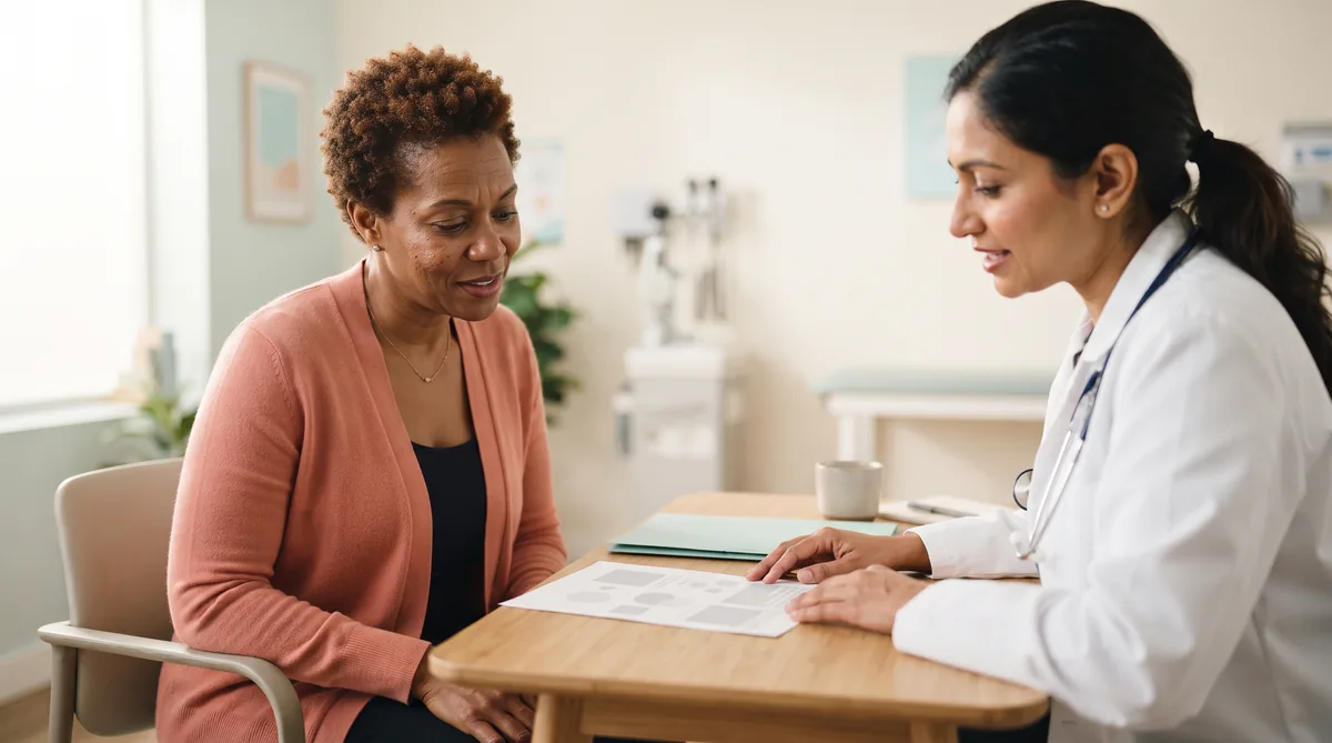 Lupus and bladder leaks: woman in her forties reviewing a medication list with her doctor
