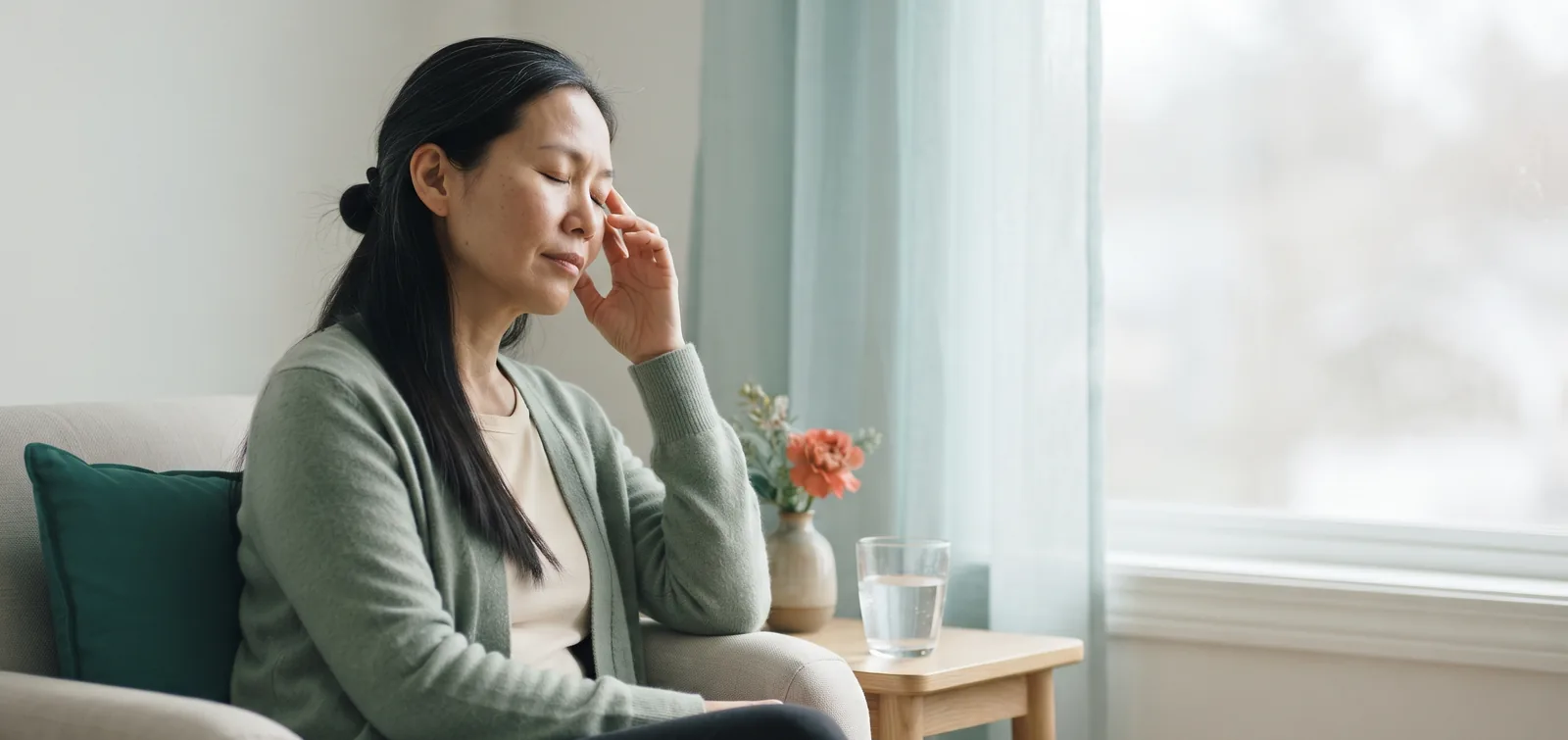 Migraine and overactive bladder: woman in her forties resting her temple on her hand beside a window, a glass of water nearby