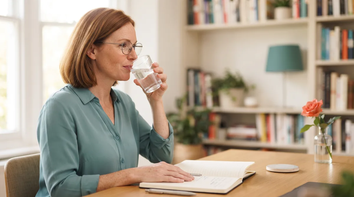 Migraine and overactive bladder: woman in her forties sipping water at her desk with a notebook and reading glasses