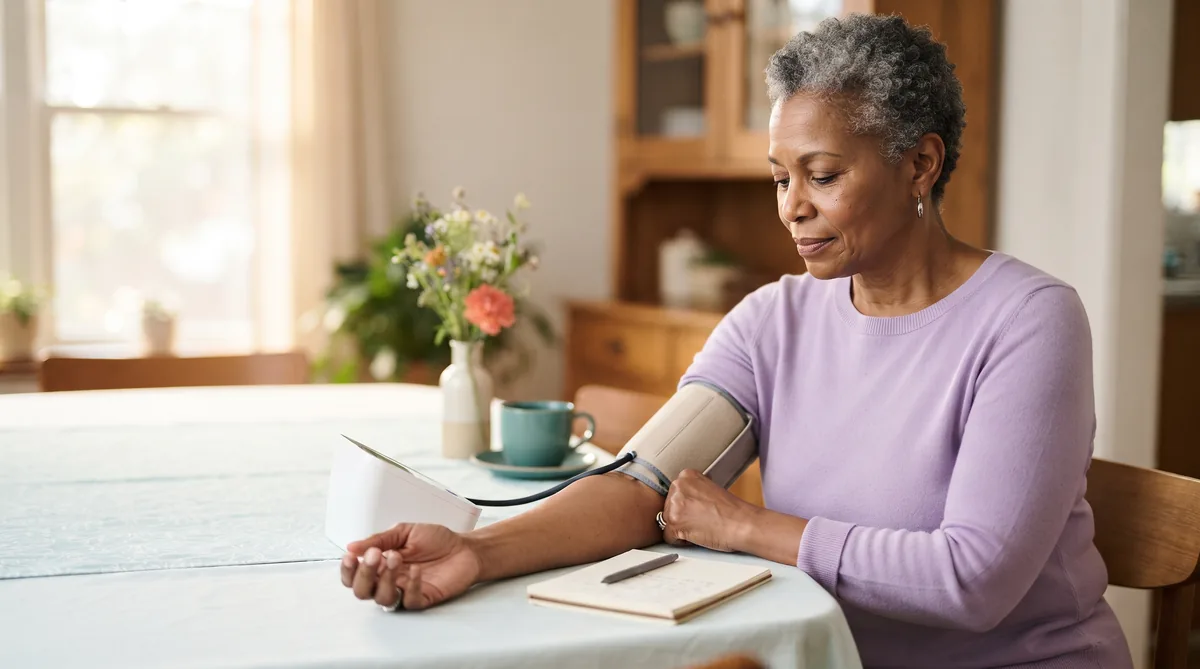Mirabegron vs oxybutynin: woman in her sixties checking her blood pressure with a home monitor