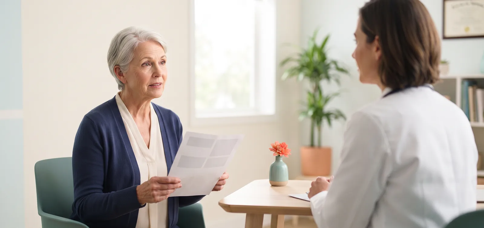 Mirabegron vs oxybutynin: woman in her sixties talking with her doctor about bladder medication options