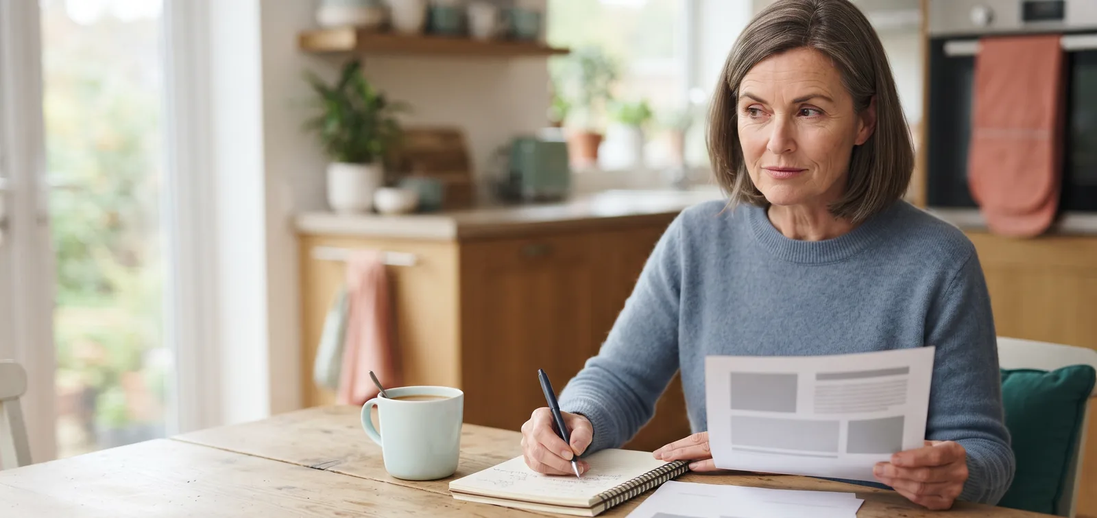 NewEra Protect reviews: woman in her fifties comparing printed notes in a notebook at a kitchen table