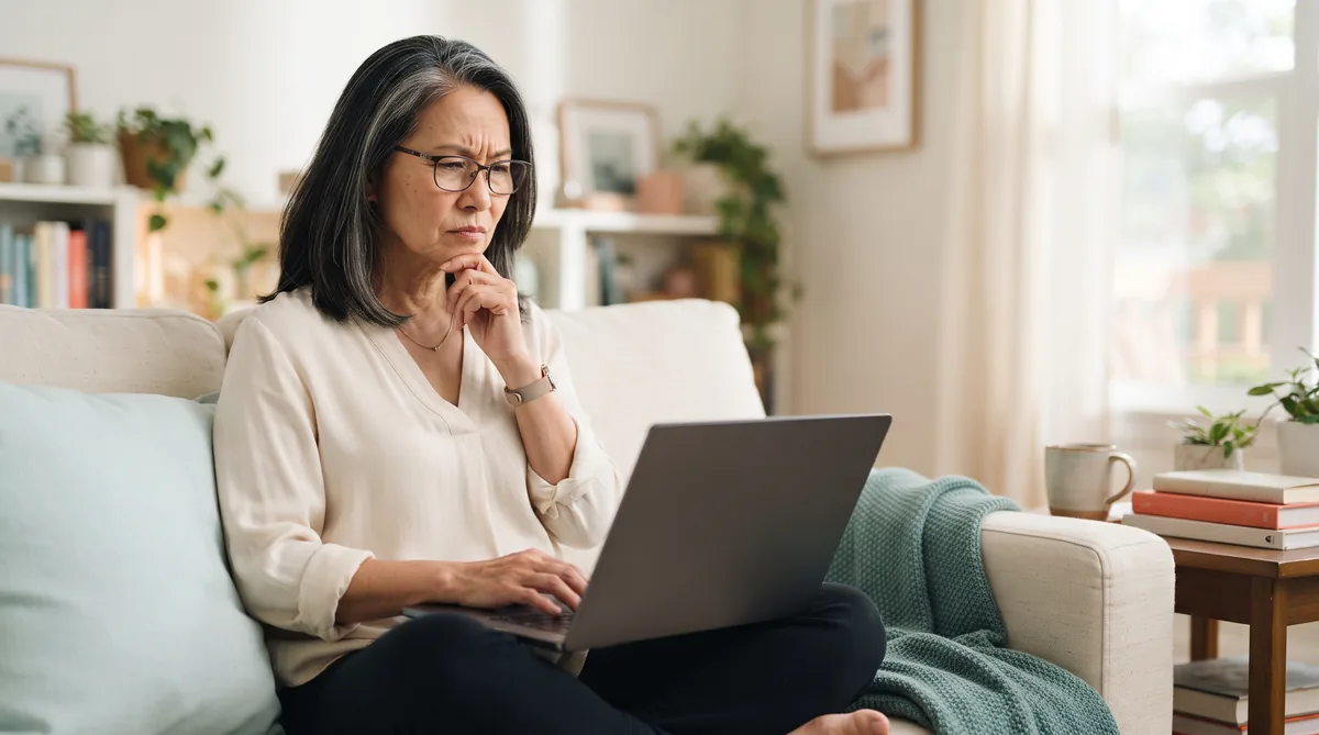 NewEra Protect reviews: woman in her fifties reading supplement reviews on a laptop at home