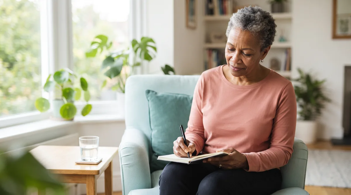 Woman in her sixties writing in a bladder diary at home as an alternative to relying on oxybutynin