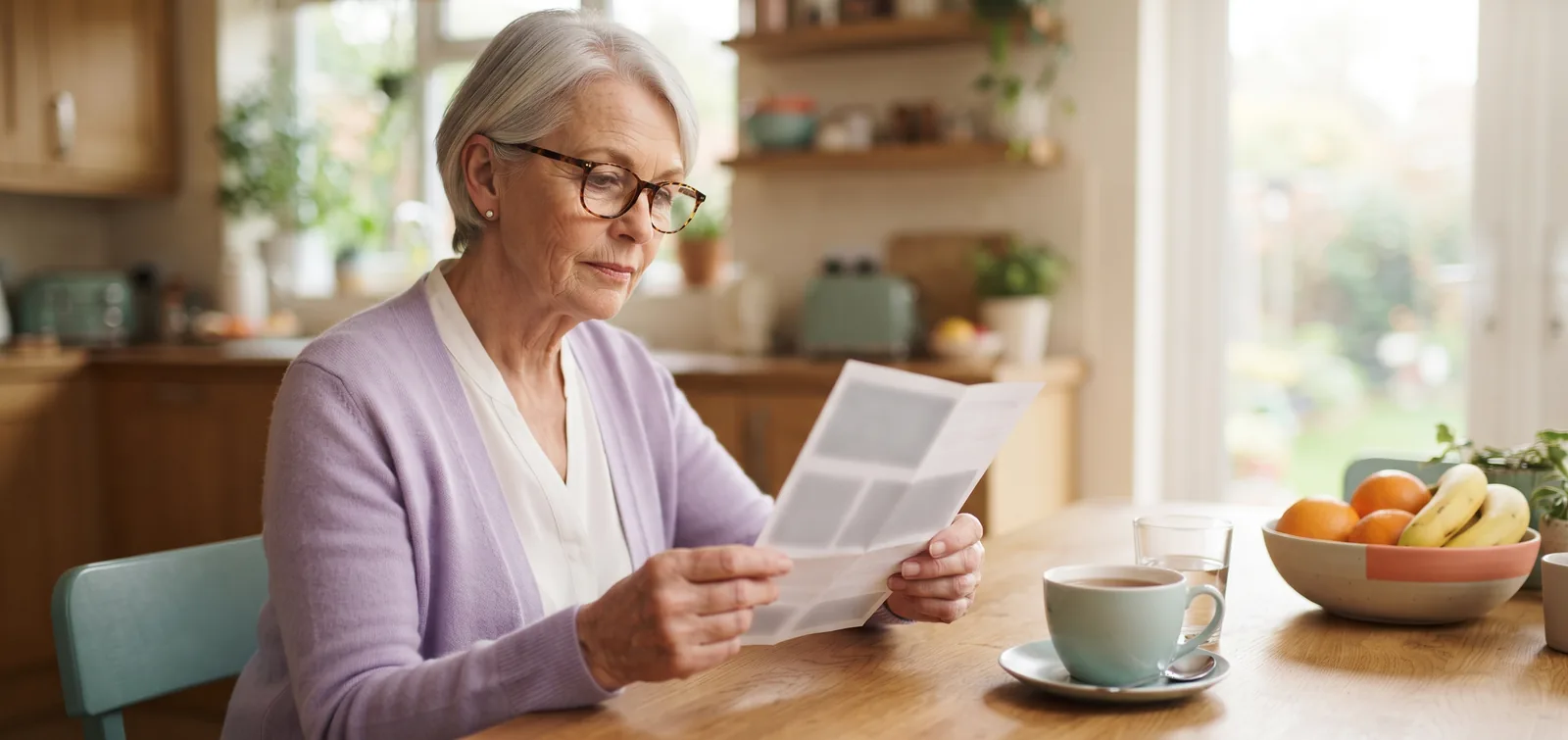 Oxybutynin and dementia: woman in her sixties reading a prescription leaflet at her kitchen table