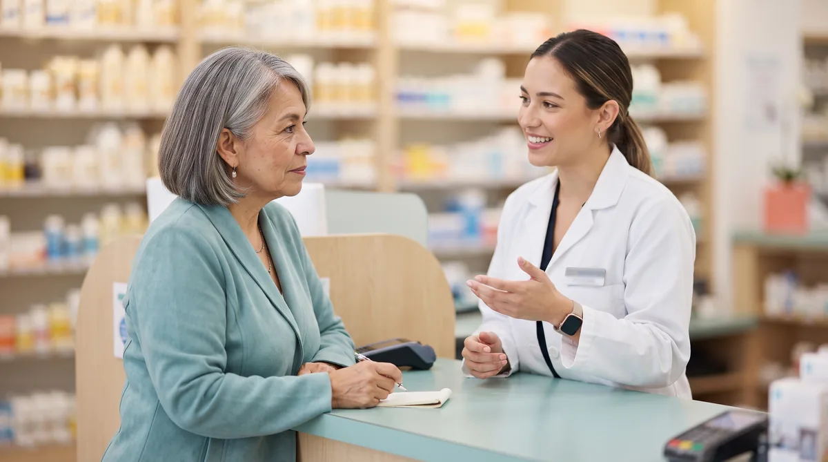 Oxybutynin and dementia: woman in her sixties asking a pharmacist about her bladder medication