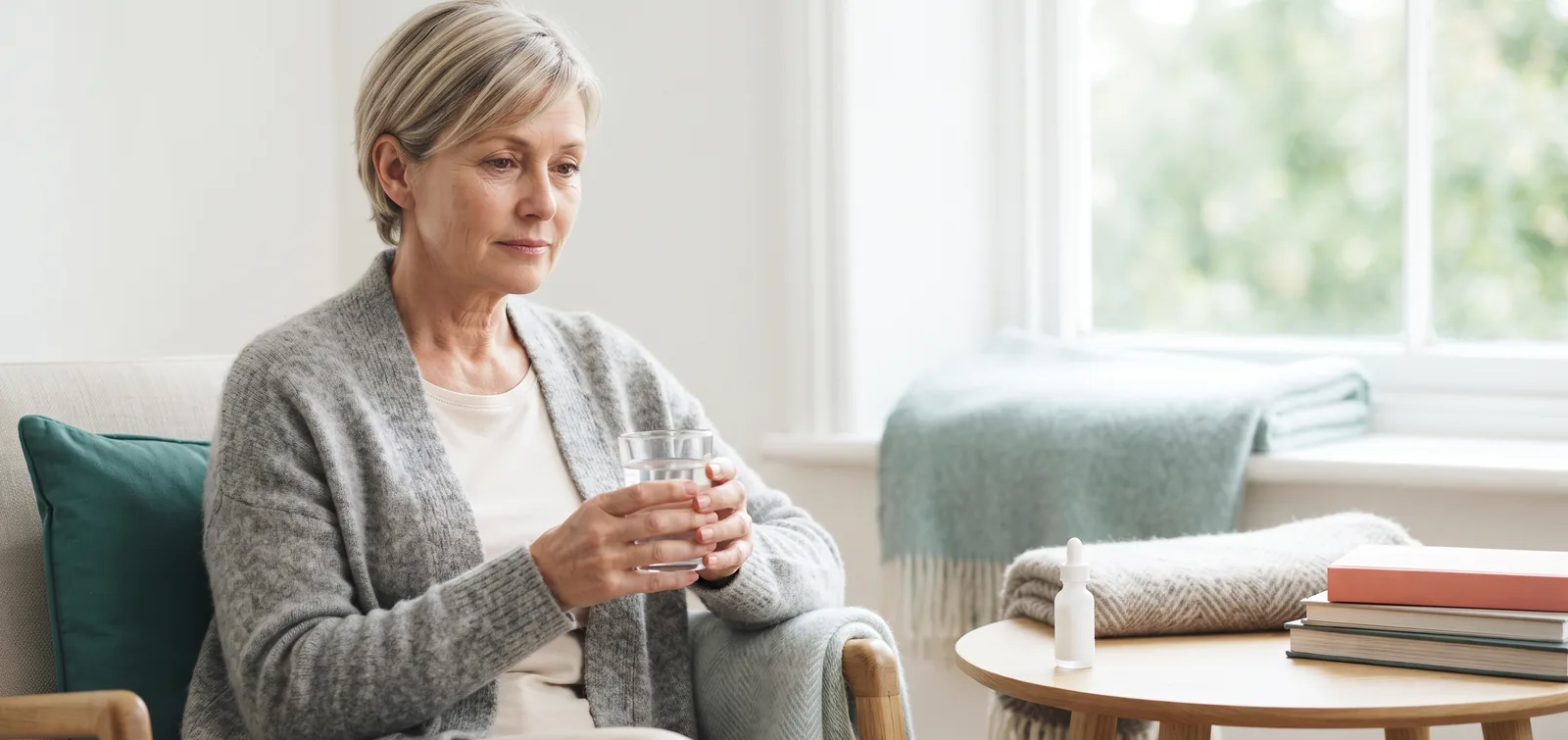 Sjogren's and bladder problems: woman in her fifties with a glass of water and eye drops on a table by a window