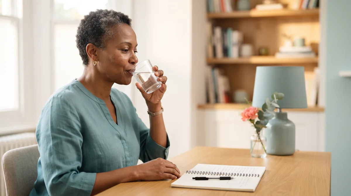 Sjogren's and bladder problems: woman in her fifties taking a small sip of water at her desk